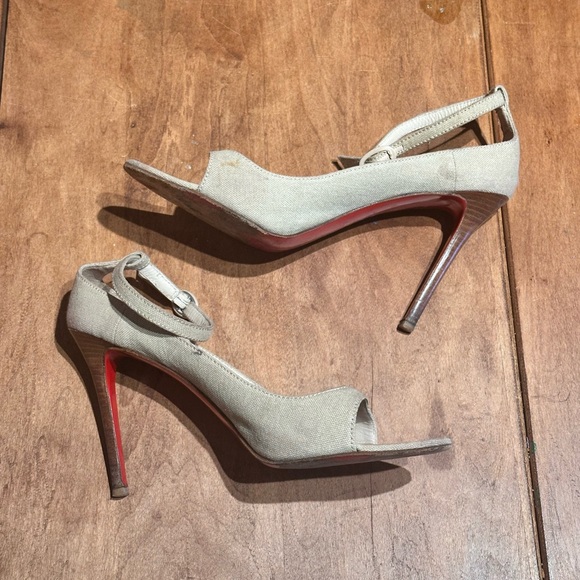 Christian Louboutin Shoes - Beige Linen Peep-Toe High Heels with Ankle Strap - Sz 40